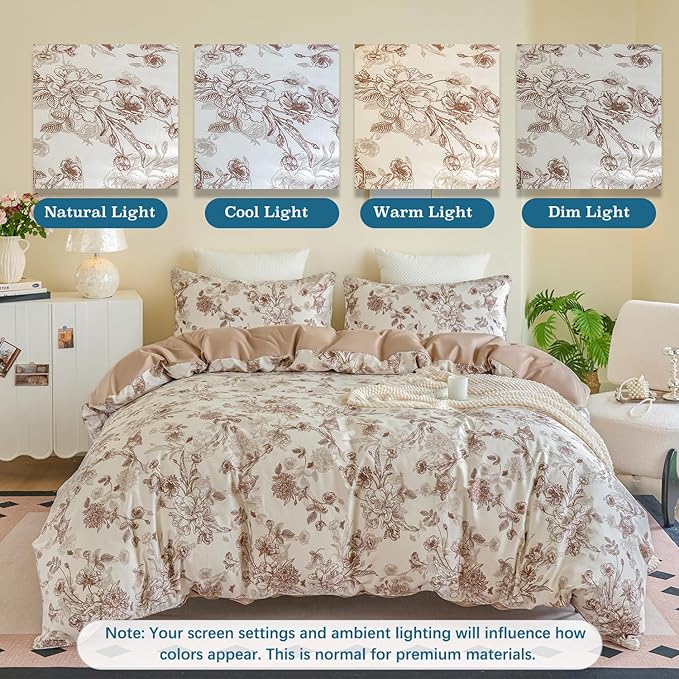 Brown Floral Duvet Cover Set 100% Percale Cotton Queen Size Shabby Vintage Toile Flower Printed Comforter Covers with Zipper, Soft & Breathable French Country Bedding 3Pcs-Not Comforter