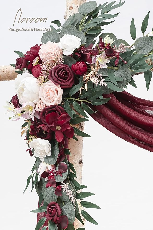 Floroom Arch Flowers with Drapes Kit (Pack of 4) - 2pcs Artificial Burgundy Floral Swag Arrangement with 2pcs Draping Fabric for Wedding Ceremony Arbor and Reception Backdrop Decoration