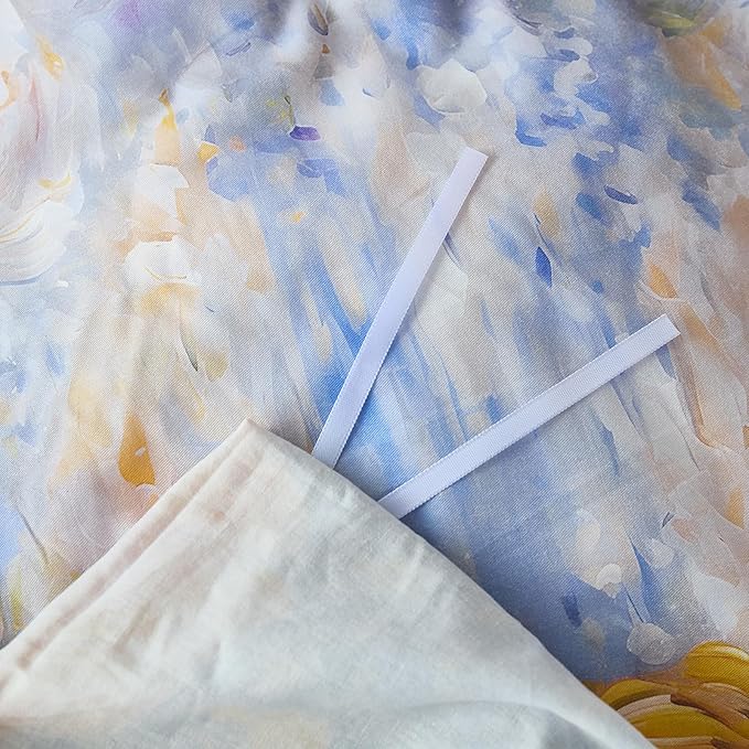 100% Cotton Duvet Cover King Size – Impressionist Natural Yellow & Blue Floral Duvet Cover Set with Zipper Closure, 3-Piece Soft Breathable Durable Percale Cotton Bedding Set for All Seasons