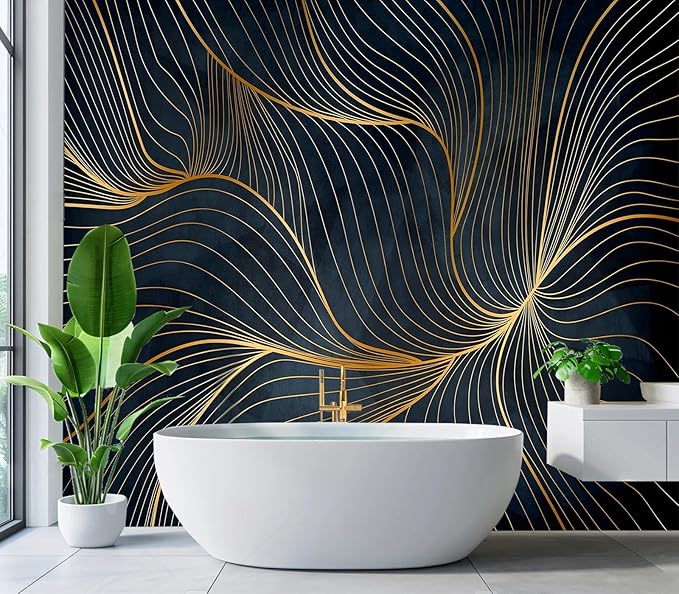 Eierme-Golden Abstract line Pattern Waves Mural Wallpaper Peel and Stick 90" x 67"