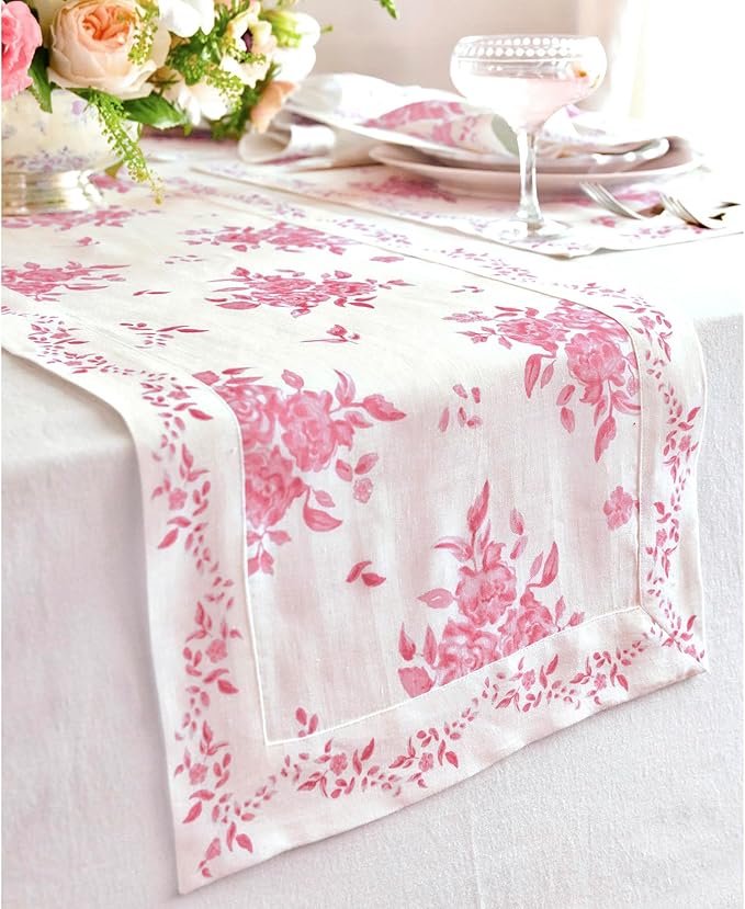 Solino Home Pink Floral Print Table Runner 108 Inches Long - 100% Pure Linen Table Runner 14 x 108 Inch - Handcrafted and Machine Washable - Jolie Fleur Print