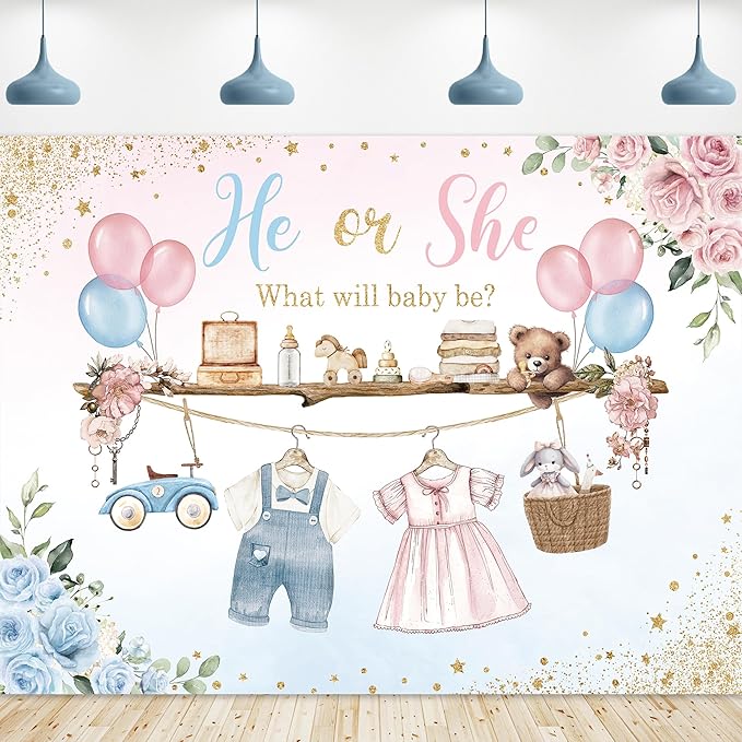 Riyidecor Gender Reveal Backdrop Polyester Fabric He or She Pink Blue Baby Shower Watercolor Flower Balloon Floral 8Wx6H Feet What Will Baby Be Photography Background Newborn Photo Studio Shoot