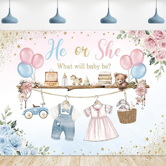 Riyidecor Gender Reveal Backdrop Polyester Fabric He or She Pink Blue Baby Shower Watercolor Flower Balloon Floral 8Wx6H Feet What Will Baby Be Photography Background Newborn Photo Studio Shoot