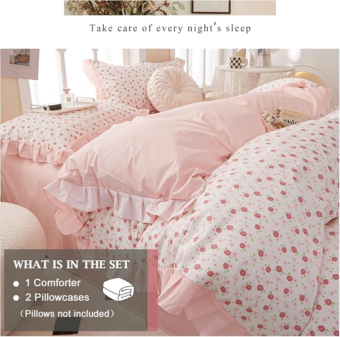 VM VOUGEMARKET Queen Comforter Set Shabby Ruffle Comforter,Bed in a Bag Pink Flower Bedding Set for All Seasons,Soft Comfy Floral Comforter with 2 Pillow Shams-90 x90