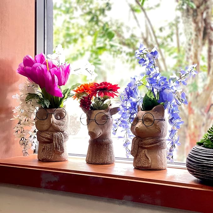 Bespectacled Deer Cement Vase 8.7 Inch - Gold Accents, Knit Scarf, Real Wire Glasses, Whimsical Animal Planter, Distressed Taupe Decorative Vase for Indoor Plants, Unique Gift - Home or Office