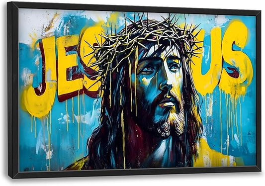 Banksy Jesus Large Wall Art Graffiti Framed Wall Decor for Living Room Pop Street Pictures Oversized Canvas Print Painting Modern Extra Large Framed Artwork for Bedroom Office 36"x24"