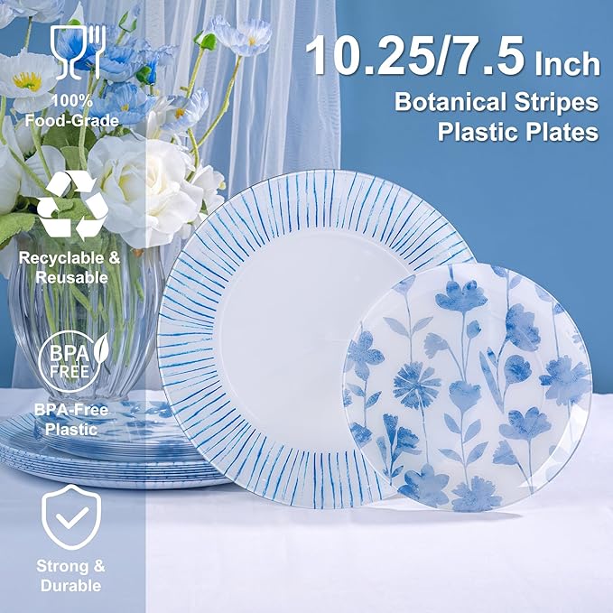 U-QE 20Pcs Blue Plastic Plates - Botanical Stripes Hanukkah Plates Disposable Heavy Duty, Fancy Floral Pattern Perfect for Hanukkah, Tea Parties, Holidays - 10.25" Dinner & 7.5" Dessert Plate