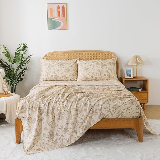 Zusbest California King Size Sheet Sets 100% Percale Cotton Beige Floral Bed Sheet, Brushed Extra Softness, Breathable Toile Flannel Sheets Like Khaki Flower Print Deep Pocket Sheets 17.5'' 4 Pcs