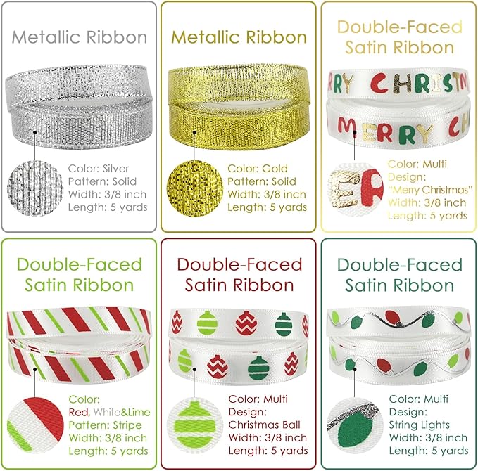 MEEDEE Christmas Ribbon 3/8 inch Thin Holiday Ribbon Set in Red, Green, White, Gold & Silver Color 12 Rolls 60 Yards Perfect for Gift Wrapping, Xmas Wreath Decor, Garlands, and Holiday Crafts