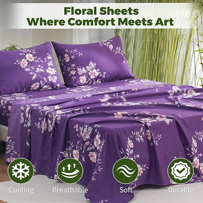 Bedlifes King Floral 4-Piece Sheet Set - Cooling Sheets Blend Rayon Derived from Bamboo,Soft & Breathable, Deep Pocket 16", Wrinkle Resistant - Vibrant Boho Floral Dark Purple