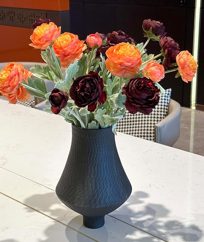 7pcs Silk Peonies Artificial Flowers, Faux Orange and Burgundy Peonies Mixed for Vase, Fake Flower Stems Arrangement for Home Kithcen Dining Table Centerpieces, Farmhouse Office Decoration