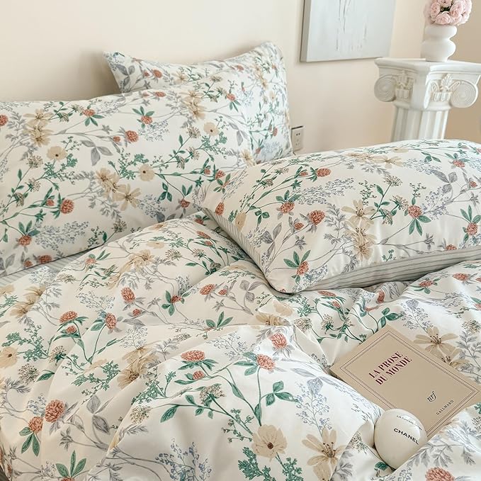 EAVD Garden Style Botanical Floral Duvet Cover Queen Soft 100% Cotton Chic Cute Floral Leaves Pattern Bedding Set with 2 Pillowcases Fresh Botanical Comforter Cover with Zipper Closure