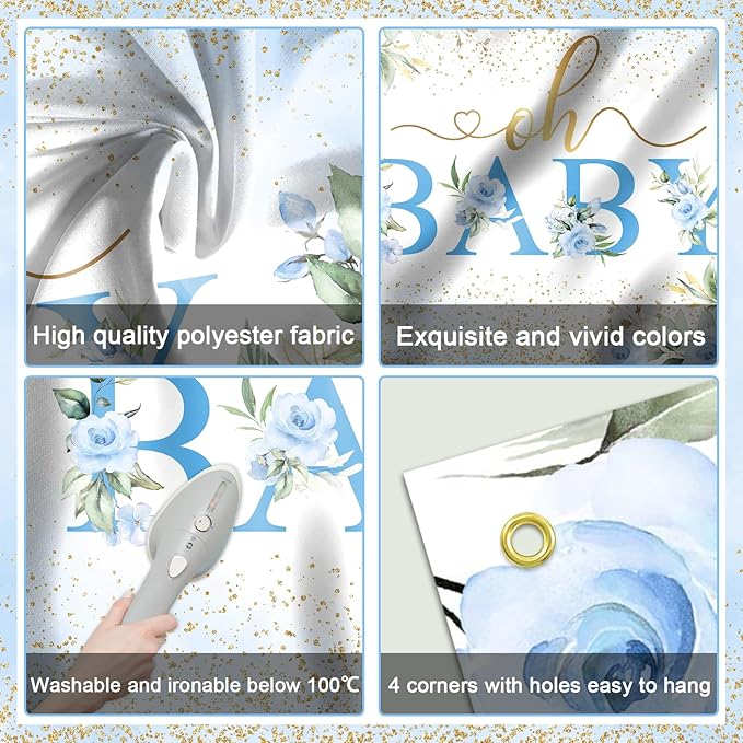 Mocsicka Oh Baby Backdrop Blue Floral Baby Shower Banner for Boys Party Decorations Photo Booth Props (Blue, 8x6ft)