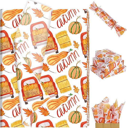 100 Sheets Fall Tissue Paper Bulk, Pumpkins Maple Leaves Truck Hay Pattern Wrapping Paper for Fall Autumn DIY Crafts Thanksgiving Day Gift Bag Fillers Party Supplies, 13.8 x 19.7 Inch