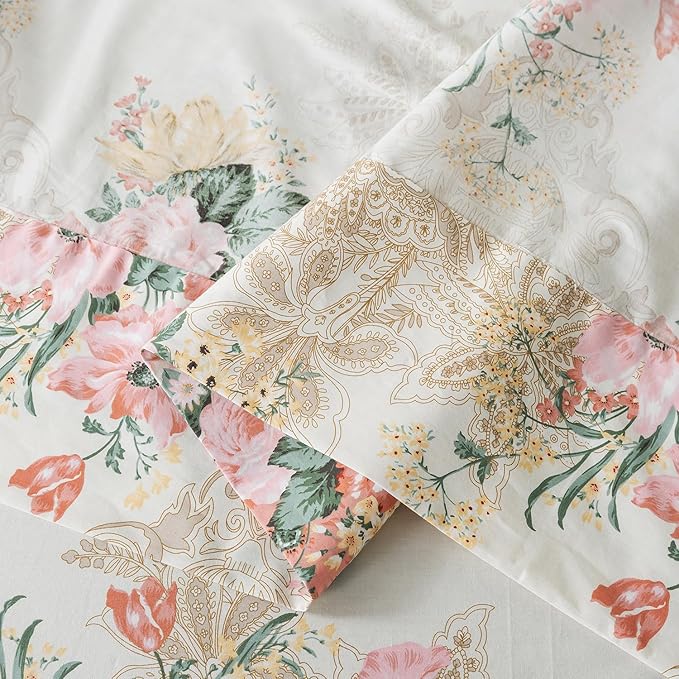 Zusbest King Floral Bed Sheets, Soft 100% Cotton Pink & Cream Sheets Set, Shabby Vintage Chic Peony Flower Printed Paisley Bed Set, Breathable Luxury Bedding 4 Piece Deep Pocket 17.5‘’