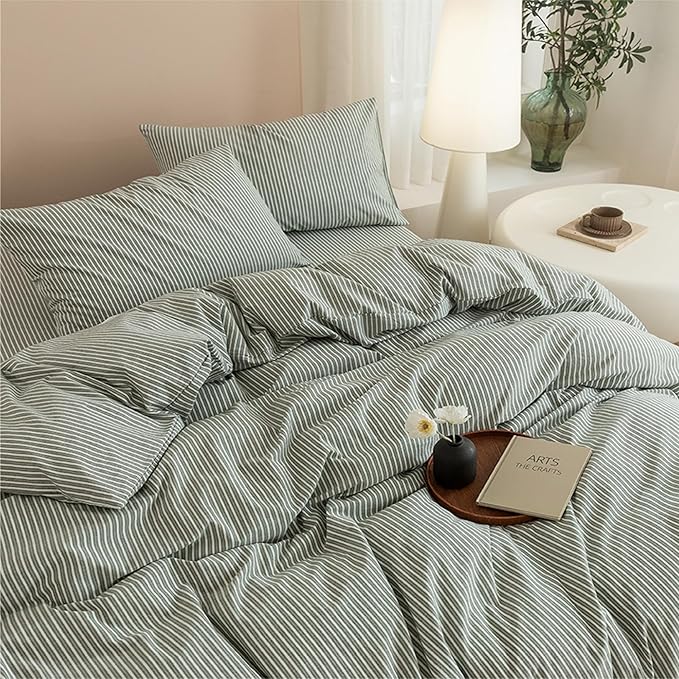 JIYUAN 100% Washed Cotton Striped Duvet Cover Set 3 Pieces King, 1 Duvet Cover and 2 Pillowcases(Comforter Not Included),Linen Like Bedding Set Comfy and Breathable,Pinstripes-Heathered Green White