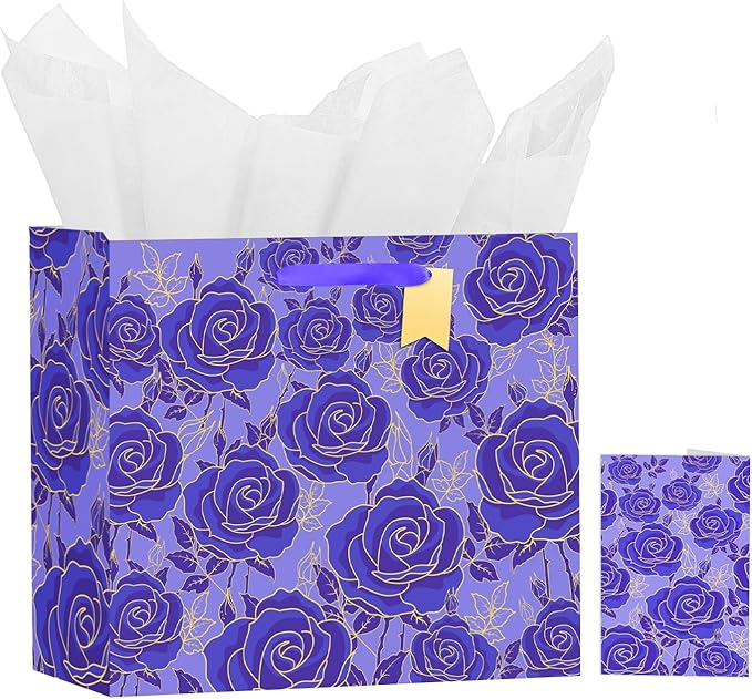 Bloomwords 13" Mother’s Day Gift Bags with Card Tissue(Rose Flower) - Birthdays, Valentine’s, Weddings, Anniversaries, Kit includes Card and Tissue Paper (Purple, 1 Piece)