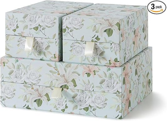 Soul & Lane Pastel Floral Decorative Boxes with Hinged Lids and Muted Ribbon Pull - Pastel Petals, Set of 3 (One Large and Two Medium Boxes), Cardboard Storage for Photos, Documents, Keepsakes