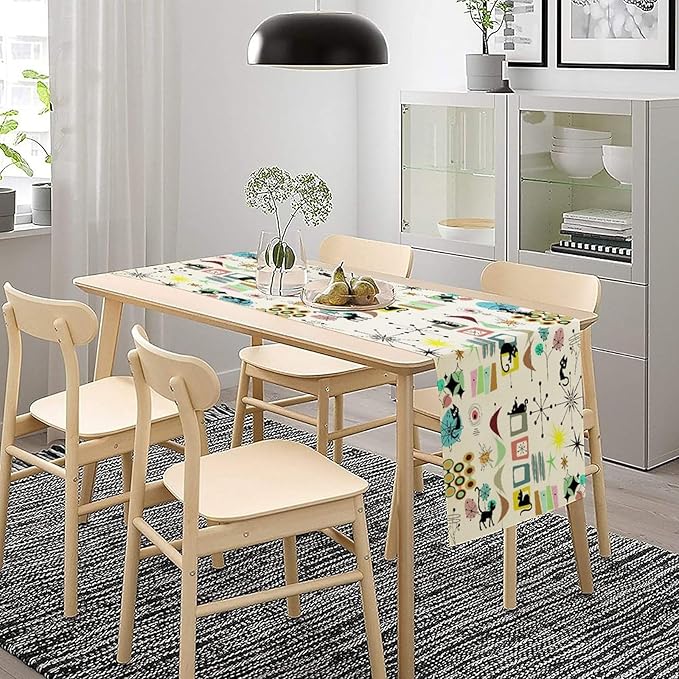 Colorful Geometric Table Runner,Vintage Mid Century Cute Cat Abstract Morden Print Tablecloth Burlap for Hotel Indoors Outdoor Dining Room Kitchen Home Decor, 13x60in