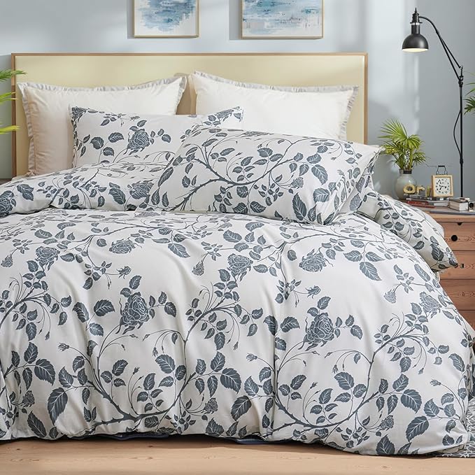 Bedding_Dreamer Comforter Set Queen Size 100% Cotton Comforter Botanical Leaf Comforters Blue Floral Bedding Sets Soft Breathable 3 Pcs