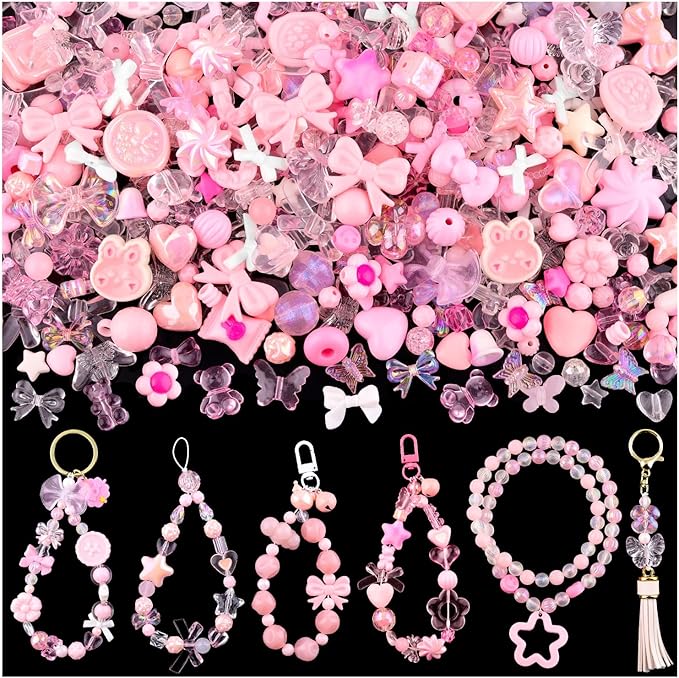Assorted 200-260PCS Pink Acrylic Beads for Bracelet Making, Flower Bow Candy GummyBear Bracelet Charms,Cute Beads for Jewelry Making DIY Necklace Keychain Phone Charm Christmas Gift