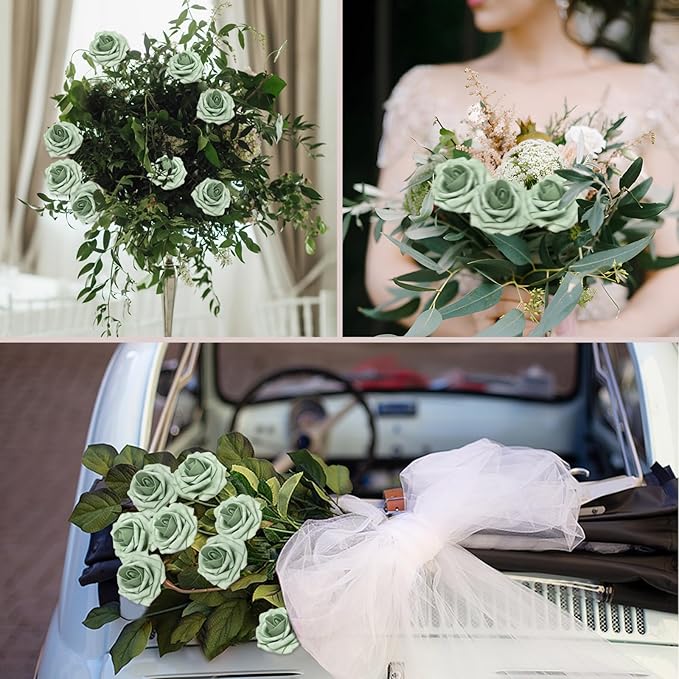 Artificial Flowers 50Pcs Elf Gree Roses Real Looking Foam Fake Roses with Leaves for DIY Wedding Bouquets Bridal Shower Centerpieces Party Decorations (Elf Green, 50)