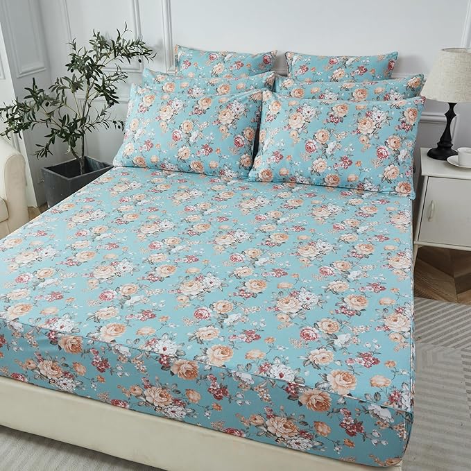FADFAY Blue Vintage Floral Twin Size Sheets Set Premium 100% Cotton Shabby Rose Pattern Cottagecore Bedding Set Deep Pocket Sheets with 2 Pillowcases Luxury Breathable Soft 4Pcs, Twin Size