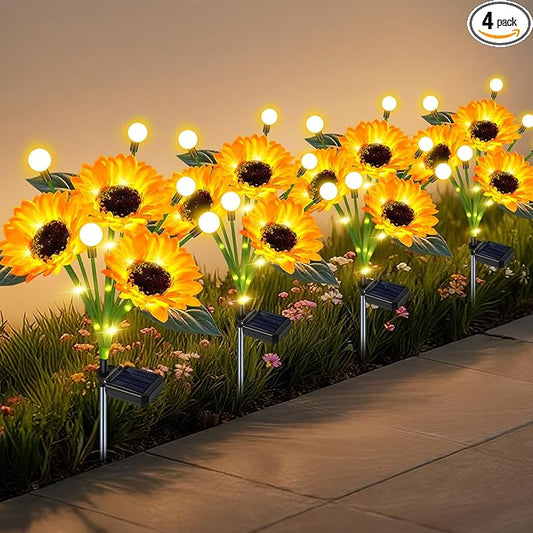 Solar Lights Outdoor Garden Decor,4 Pack Sunflower with Firefly Lights,Solar Flowers Lights Waterproof,Birthday Gifts for Mom Women Grandma,Outside Decorative Garden Stakes for Yard Patio Porch Lawn