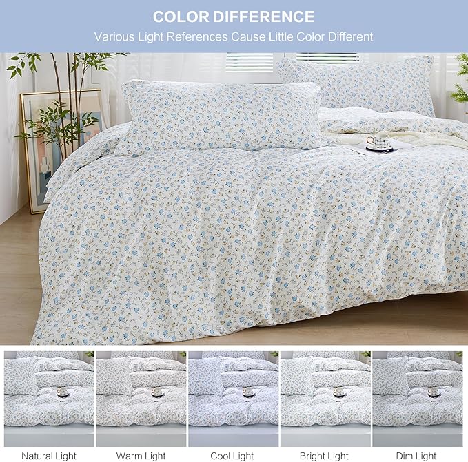 SAPHREAS Blue Yellow White Floral Duvet Cover Set Soft Microfiber Bedding Set Garden Style Spring 3pcs King Size 1 Duvet Cover with Zipper Closure 8 Ties 2 Pillow Shams