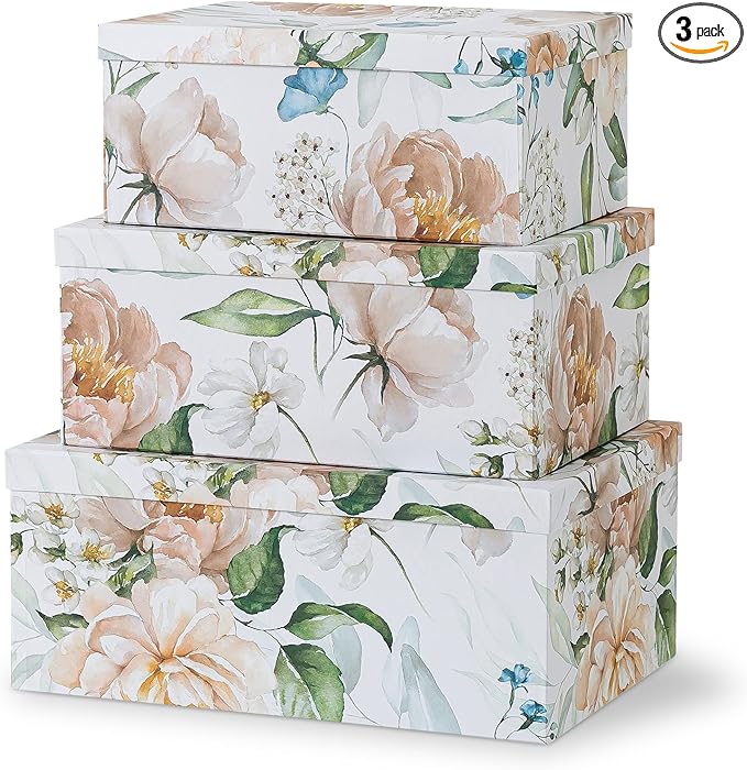 Soul & Lane Decorative Cardboard Storage Boxes with Lids for Home Decor and Organization, Set of 3 Large Keepsake Boxes for Memories & Gifts, Nesting Floral Photo Storage Containers, Floral Revival