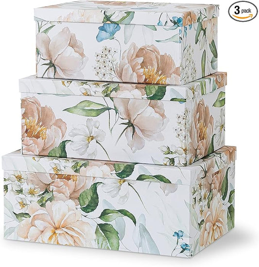 Soul & Lane Decorative Cardboard Storage Boxes with Lids for Home Decor and Organization, Set of 3 Large Keepsake Boxes for Memories & Gifts, Nesting Floral Photo Storage Containers, Floral Revival