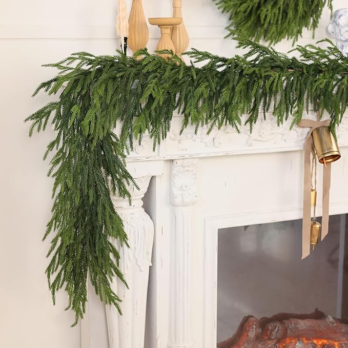 6FT Real Touch Norfolk Pine Garland - Artificial Christmas Garland Fake Green Faux Pine Needles Garland for Table Fireplace Mantle Holiday Home Indoor Outdoor Decor (1PCS)
