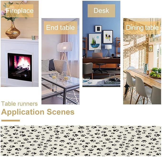 Dog Paws Table Runner,Cartoon Cute Black White Animal Footprints Abstract Tablecloth Burlap for Hotel Indoors Outdoor Dining Room Kitchen Home Decor,W13X L108 in