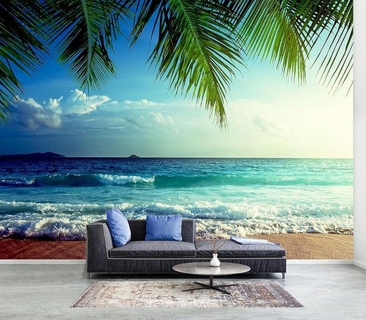 WFBHUA-Beach Wallpaper Mural Peel and Stick Tropical Sunset Ocean Waves Self Adhesive Wall Mural for Bathroom Bedroom 82"x57"
