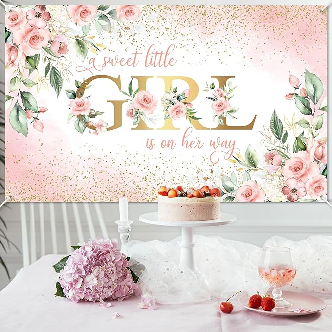 Avezano Girl Baby Shower Backdrop Pink Floral Sweet Baby Baby Shower Banner A Sweet Little Girl is on Her Way Party Decorations Banner 70.8 x 43.3 Inch