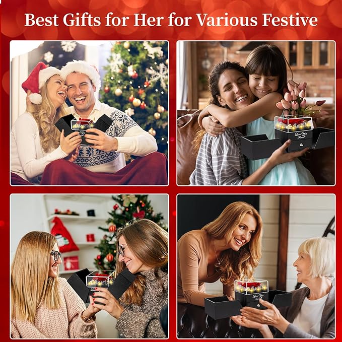 Preserved Red Real Rose with Heart I Love You Necklace -Eternal Flowers Rose Birthday Gifts for Women Her Mom Wife Girlfriend Grandma on Valentines Mothers Day Christmas Anniversary Romantic-Red