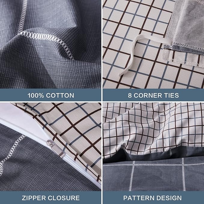 SAPHREAS Geometric Gray Plaid Duvet Cover Set Queen Size 3pcs Dark Grey Grid Cotton Bedding Comforter Cover Set 1 Duvet Cover 2 Pillow Shams