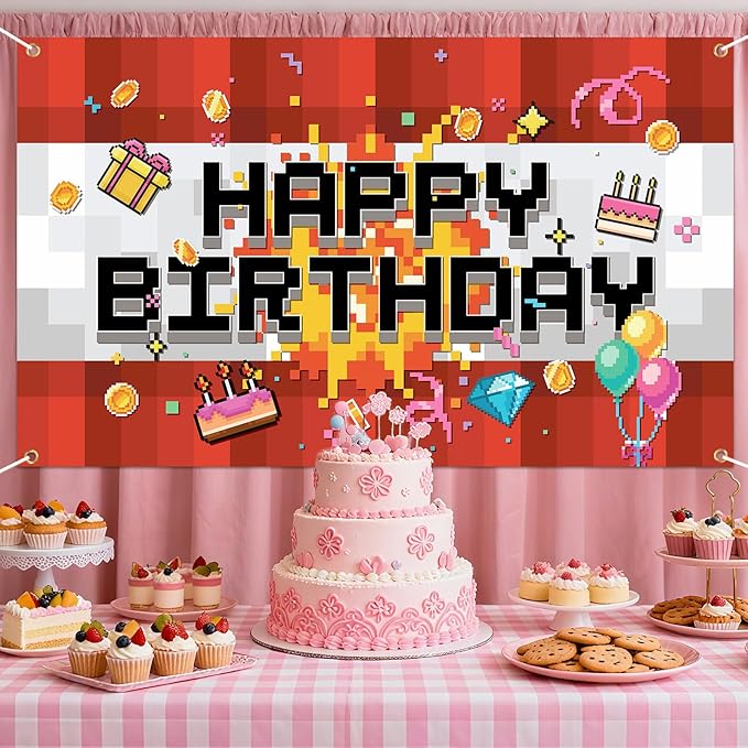 Pixel Happy Birthday Backdrop, 150x90cm/4.92x2.95ft Video Game Themed Banner Party Decoration Pixel Birthday Backdrop for Boys Girls Party Supply