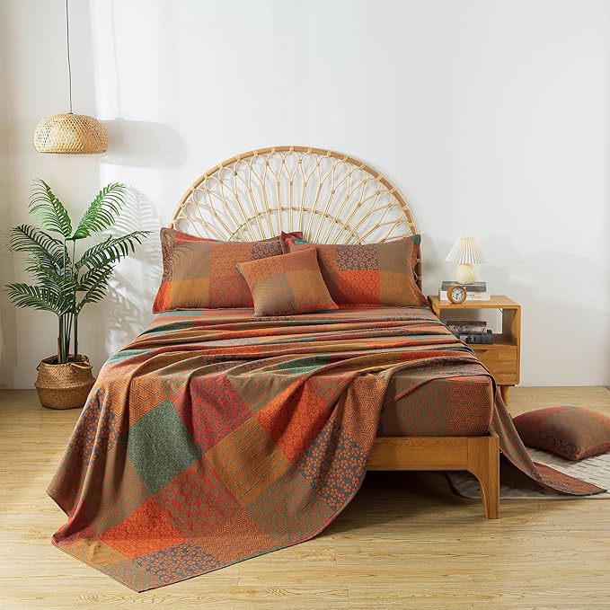FADFAY Grid Sheets Set King Vintage Checkered Floral Bedding Shabby Geometry Farmhouse Bedding Super Soft Washed Double -Layer Muslin Sheets 100% Cotton Deep Pocket Fitted Sheet 4Pcs, King Size