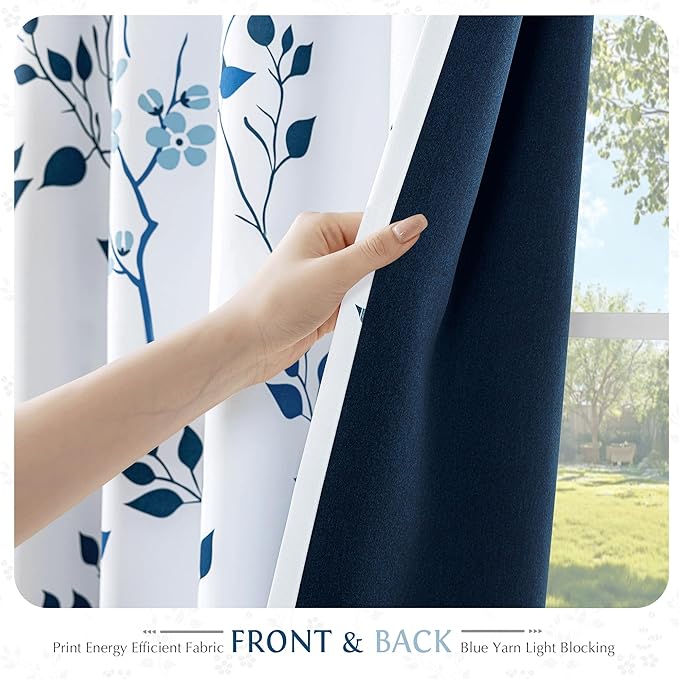 Beauoop Floral 100% Blackout Curtains 96 Inches Long 2 Panels for Bedroom Living Room Navy Blue and White Flower Patterned Room Darkening Thermal Soundproof Rod Pocket Back Tab Window Drapes, 52X96
