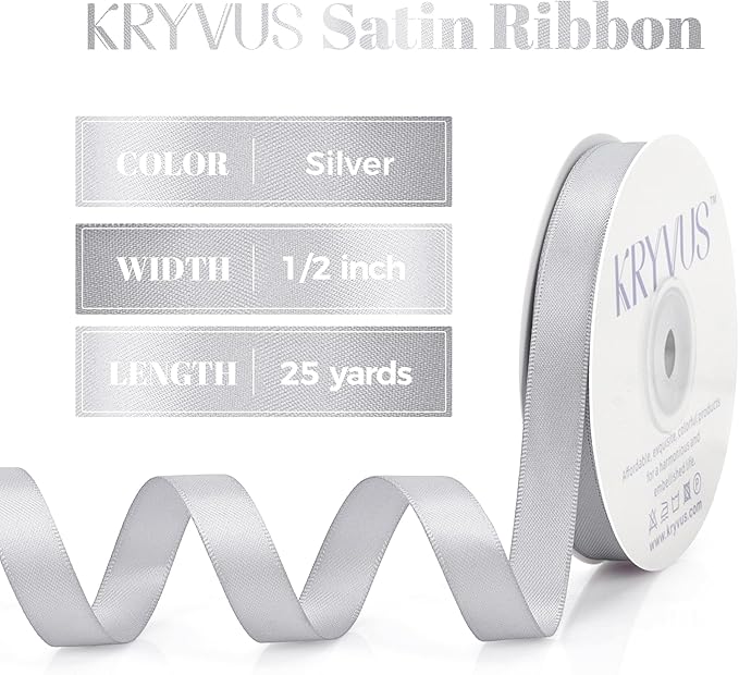 Silver Satin Ribbon, Double Faced 1/2 Inch X 25 Yards Silver Ribbon, Premium Satin Ribbon for Gift Wrapping, Crafts, Hair Bow Making, Sewing, Flower Bouquet, Wedding Party Decor