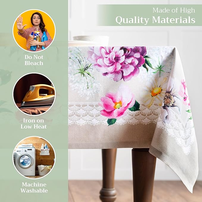 Maison d' Hermine Table Cloth Rectangle Table 100% Cotton 60 x 90 Inches Tablecloth Reusable Decorative Everyday Use for Dining Room, Farmhouse, Home, Party, Festive & Wedding Spring Summer - Pivoine