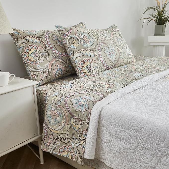 FADFAY Paisley Sheets Set Twin XL Boho Paisley College Bedding Luxurious Bohemian Damask Dorm Bedding 100% Egyptian Cotton 800 Thread Count Deep Pocket Fitted Sheet 4Pcs, Twin XL Size
