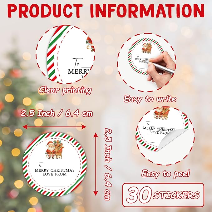 Merry Christmas Gifts Tags Stickers from Santa, 30 Pcs Christmas Name Tags for Gifts, 2.5x2.5 Inch Holiday Presents Sticker Labels, Festive Chrismas Name Tag for Wrapping Bags Classroom-D10