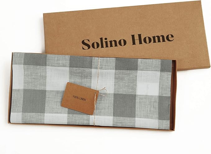 Solino Home Linen Checkered Table Runner 144 Inches Long - 100% Pure Linen Grey and White Buffalo Check Extra Long Table Runner 14 x 144 Inch Ideal for Dining, Winter, Spring, Easter