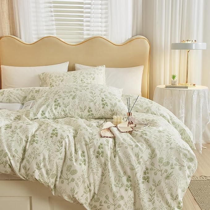 LifeTB Green Floral Duvet Cover Twin XL 3 Pieces Vintage Flower Duvet Cover 100% Cotton Coquette Bedding Comforter Cover Aesthetic Twin XL Bedding Set Botanical Comforter Cover with Zipper Closure