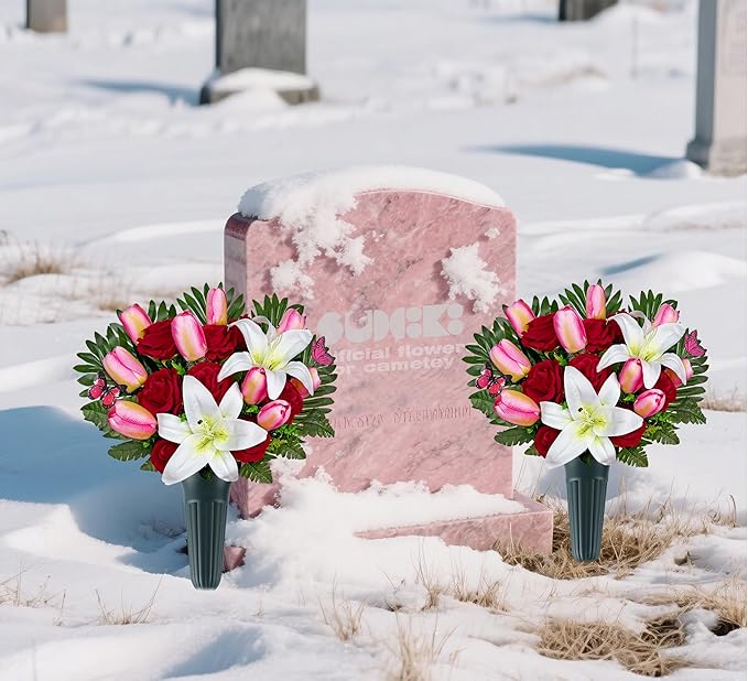 SUHOOKOO Artificial Cemetery Flowers for Outdoor Grave Decorations - Non-Bleed Colors, and Easy Fit - Pink Tulip，White Lily and Red Rose Bouquet