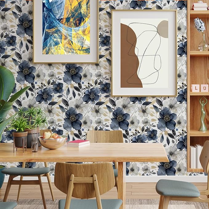 Floral Peel and Stick Wallpaper - Vintage Dark Blue/Gray Flower Boho Wallpaper - Removable, Renter Friendly - 17.71'x236.2'