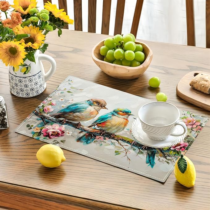 Botanical Birds Placemats Set of 4 Bird Pictures Farmhouse Rustic Flower Kitchen Mats Waterproof Washable Table Mats for Kitchen Dining Decoration 4 PCS