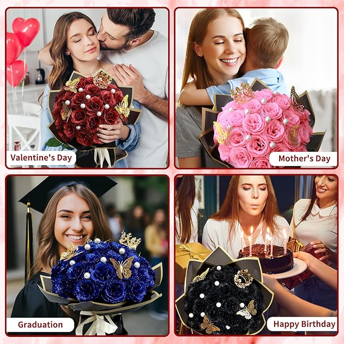 Glitter Roses Bouquet, Shiny Artificial Roses Flowers with Stems DIY Fake Glitter Flowers Bouquet for Valentine's Day, Mother's Day, Anniversary, Graduation, Birthday, 36 Roses (Black)